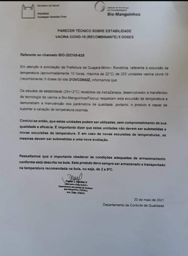 COVID-19: Laudo atesta que vacinas podem ser usadas na vacinação em Guajará-Mirim